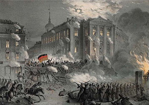 SStraßenkämpfe am Alexanderplatz in Berlin, Lithographie um 1848