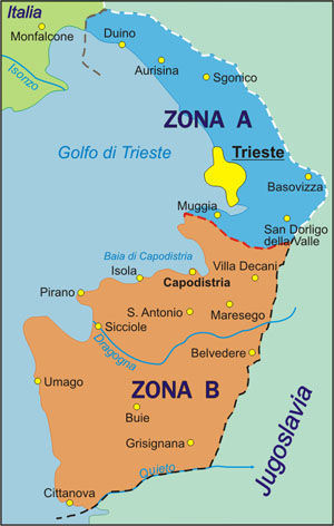 La divisione della Venezia Giulia in due zone (A- alleata e B- jugoslava) dopo la II guerra mondiale