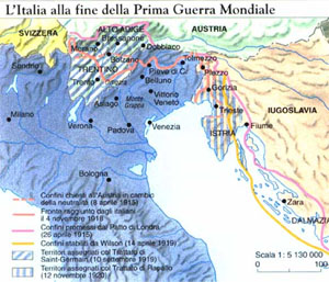 Confini dell’Italia alla fine della I guerra mondiale. La cartina mostra che una parte del Tirolo viene assegnata all’Italia