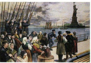 Gravure en couleurs représentant un navire d’immigrants arrivant à New-York