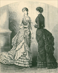Ilustracja przedstawiająca balowy strój kobiecy z lat 80. XIX wieku, „Mody Paryzkie” 1883, nr 7, ryc. nr 19-20, s. 5.