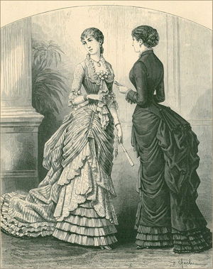 Ilustracja przedstawiająca balowy strój kobiecy z lat 80