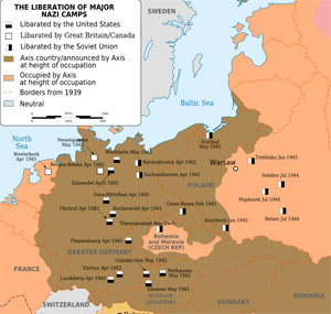 Mapa najważniejszych obozów hitlerowskich wyzwalanych w latach 1944-1945