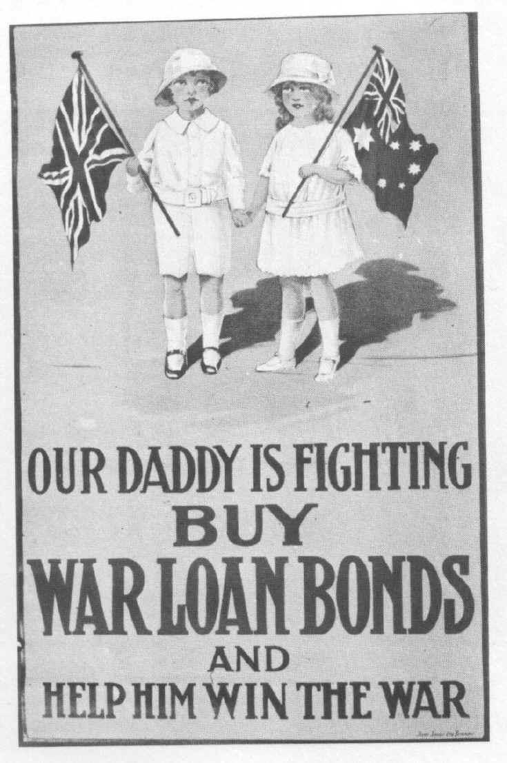 No había reparos en usar a los niños para hacer publicidad de los bonos de guerra. En este cartel los destinatarios son los ciudadanos ingleses y australianos.