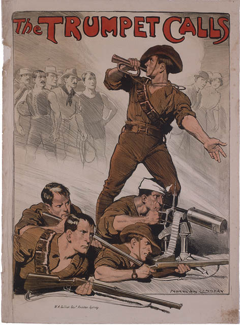 Cartel en el que se destaca la disciplina del ejercito australiano. Suenan las trompetas y hasta los heridos acuden.