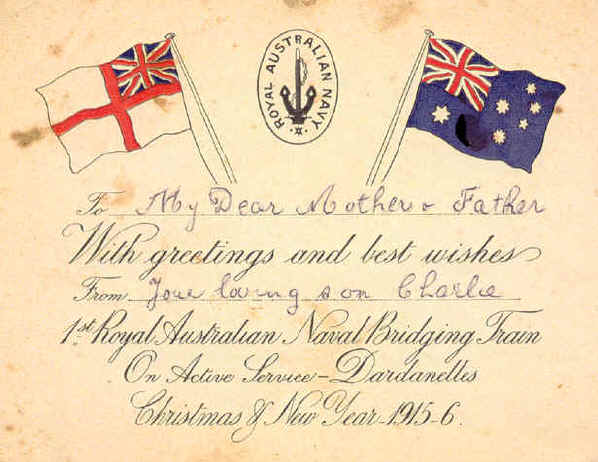 Felicitación de Navidad y Año Nuevo de los miembros de la Marina Real Australiana a sus familias en 1915-1916.