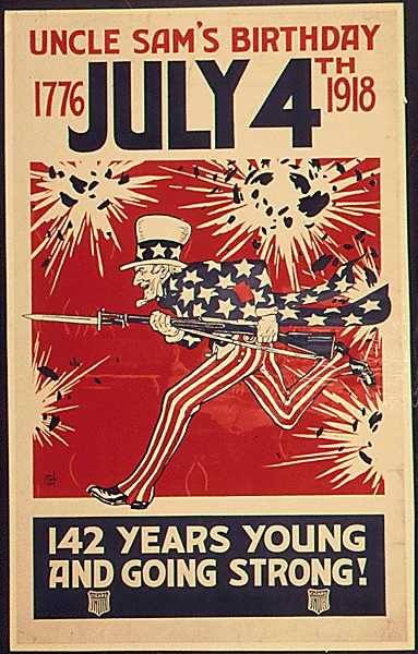 Cartel alusivo a la fortaleza de EE.UU a través del cumpleaños del Tío Sam.