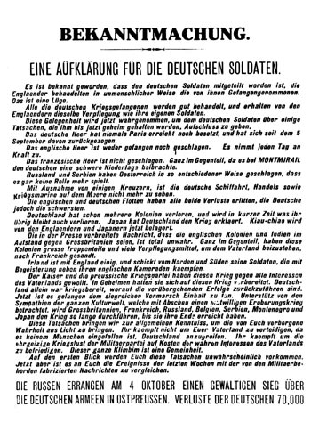 1914. Primer panfleto aleman que cayó en Inglaterra en 1914.