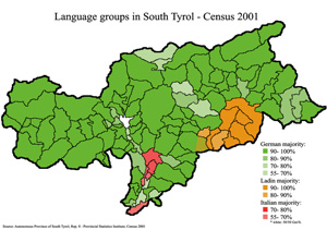 Karte: Die dominante Sprachgruppe in den Südtiroler Gemeinden heute